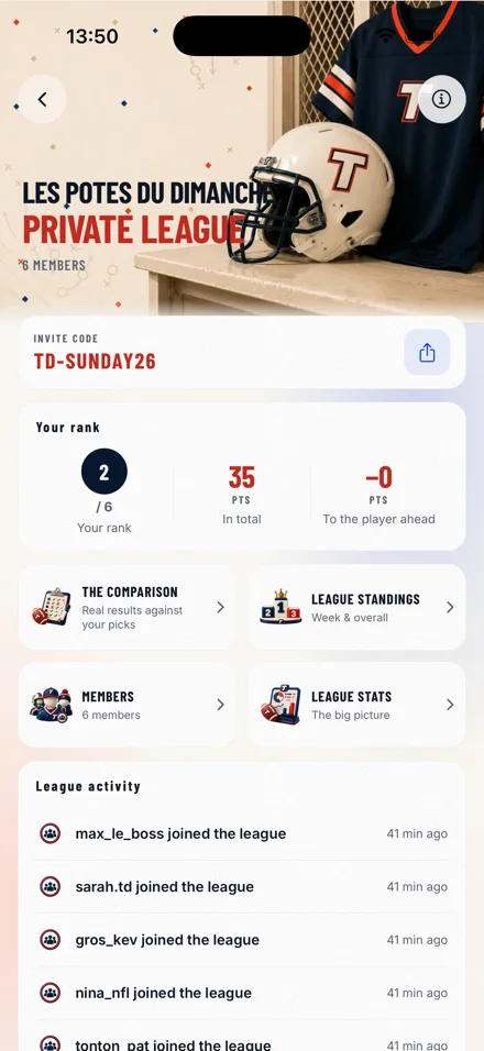 Touchdown Team private league screen showing an invite code and the player’s rank