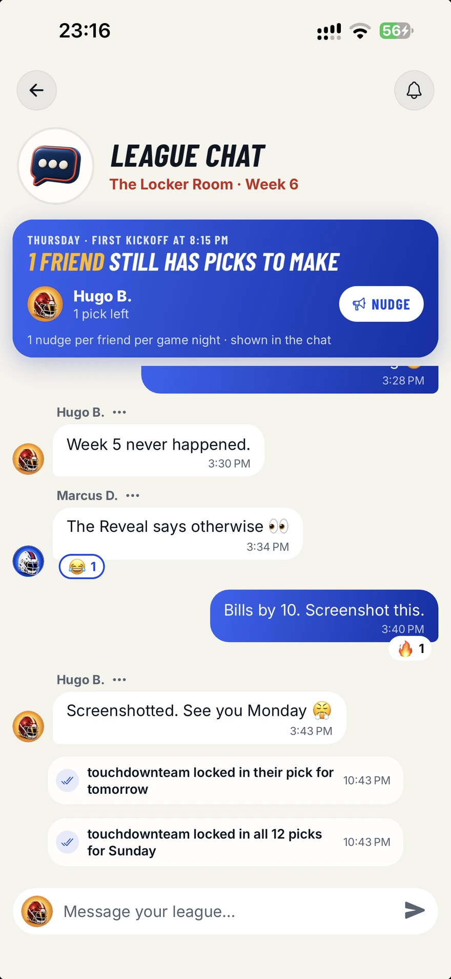 League chat: messages, reactions and pick reminders