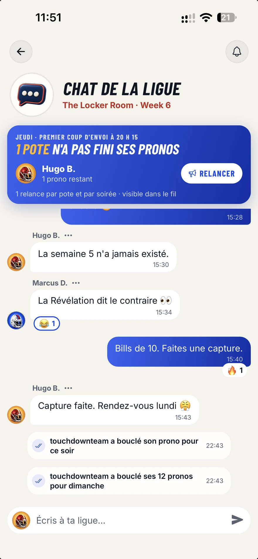 Chat de ligue : messages, réactions et rappels de pronostics