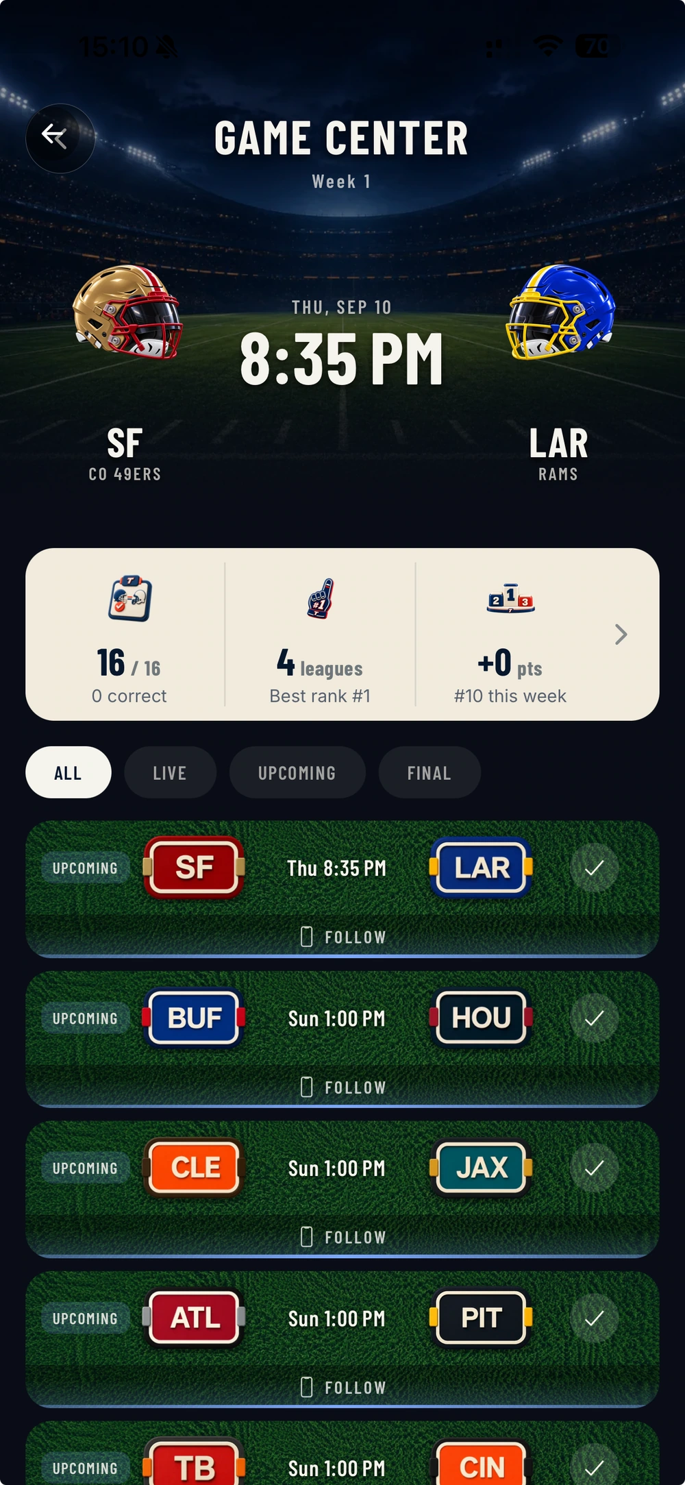 The full Game Center: an upcoming matchup, live, upcoming and finished filters, and game tracking buttons