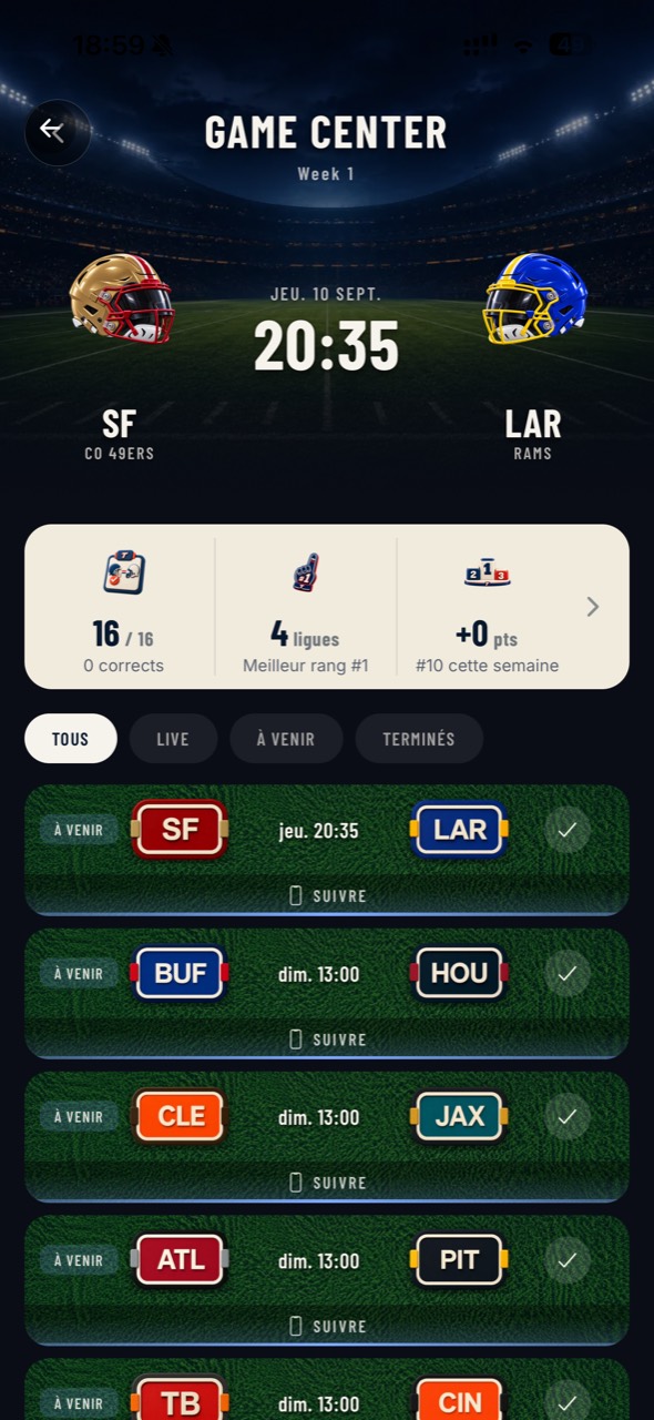 Game Center complet : rencontre à venir, filtres en direct, à venir et terminés, et boutons pour suivre les matchs