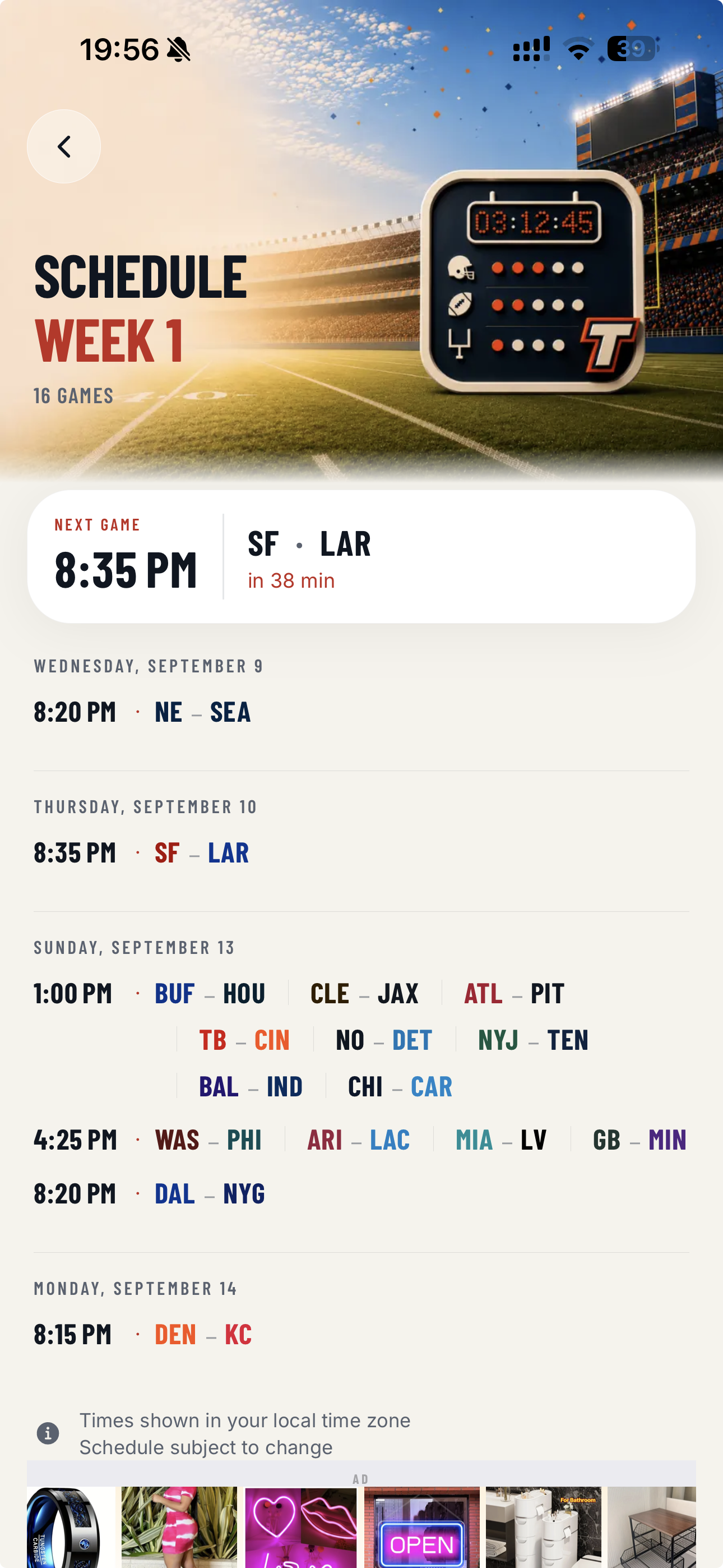 The weekly NFL schedule: games grouped by day with kickoff times in your time zone