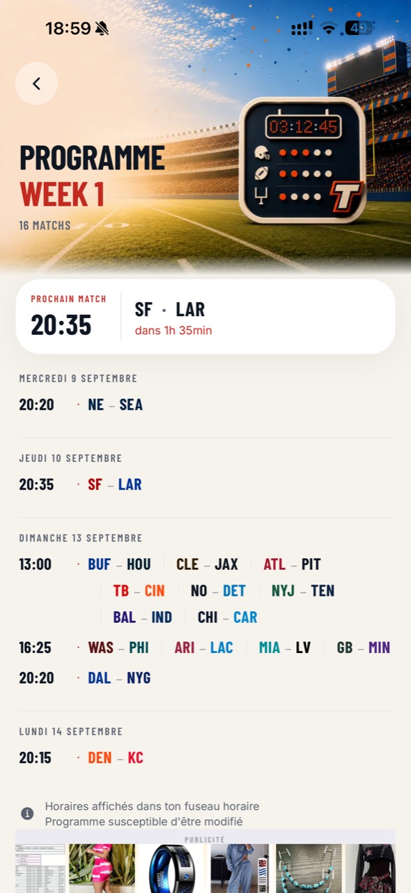 Programme NFL de la semaine : les matchs regroupés par jour et les horaires dans ton fuseau horaire