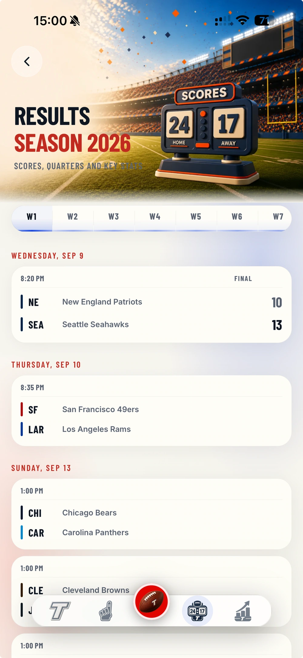 NFL results in the app: final scores and upcoming kickoff times