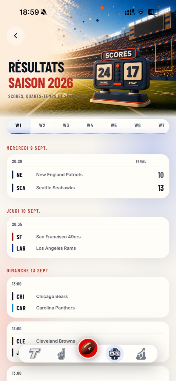 Résultats NFL dans l’app : scores finaux et horaires des prochaines rencontres