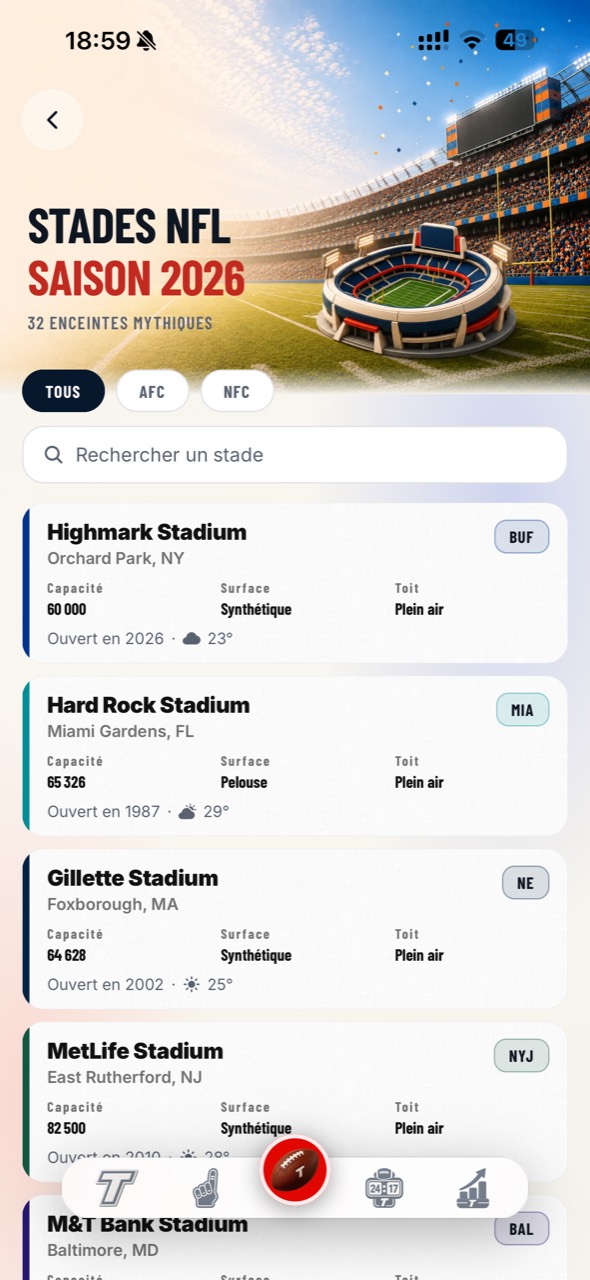 Stades NFL dans Touchdown Team : recherche, conférences, localisation, capacité, surface et météo