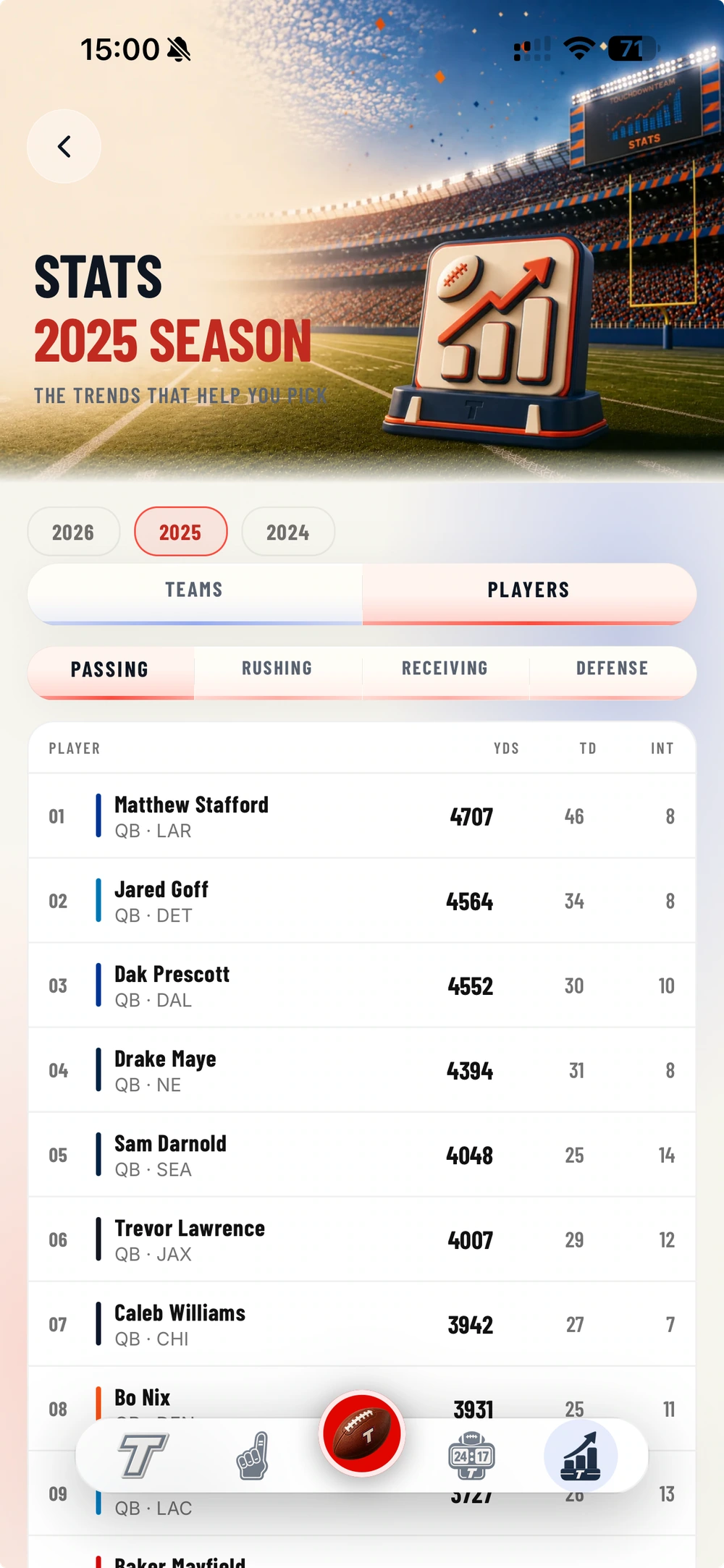 NFL stats in the app: seasons, teams, players and categories, with a table of 2025 passing stats