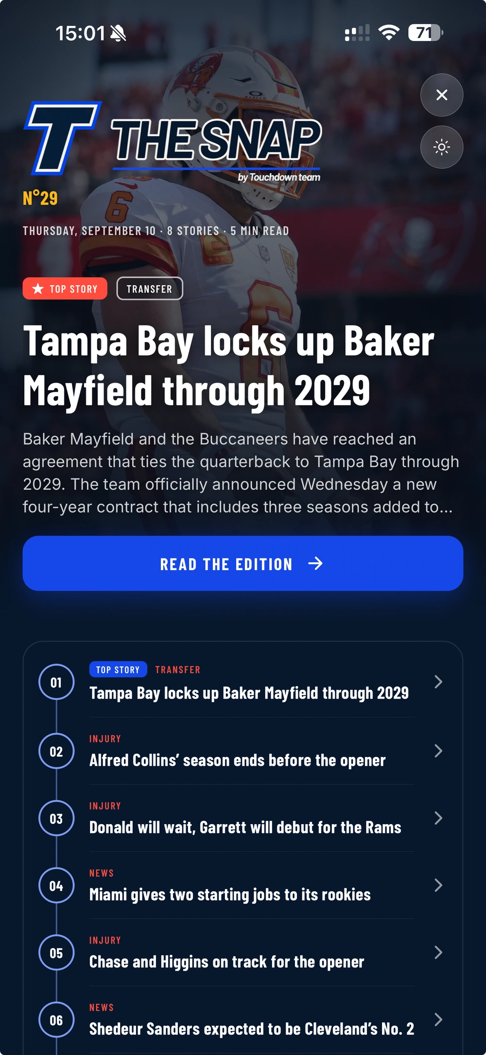 THE SNAP in the Touchdown Team app: the daily edition with a lead story, reading button and contents