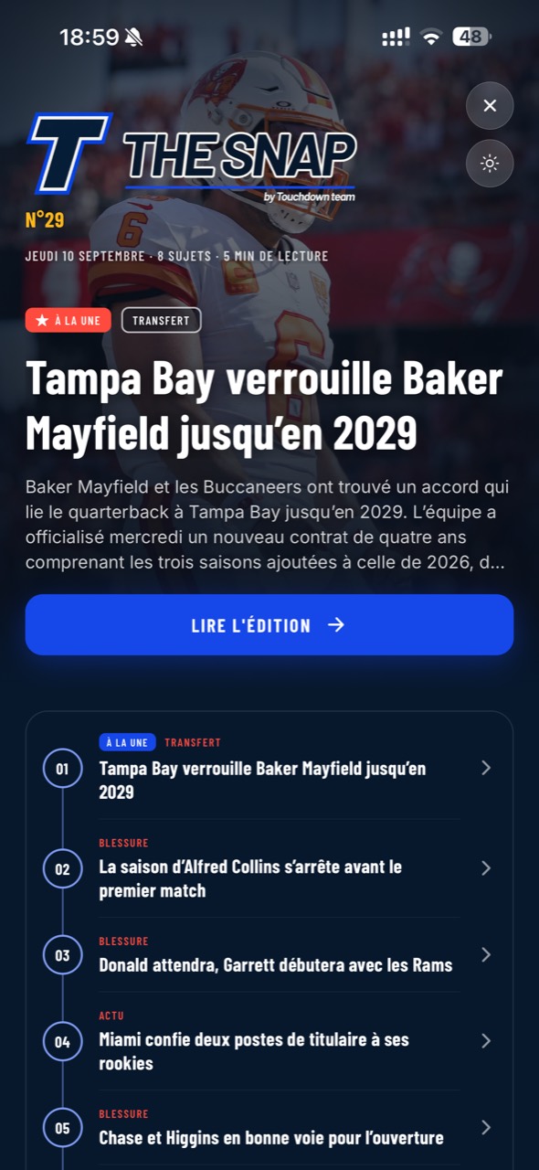 THE SNAP dans l’app Touchdown Team : édition quotidienne avec sujet à la une, bouton de lecture et sommaire