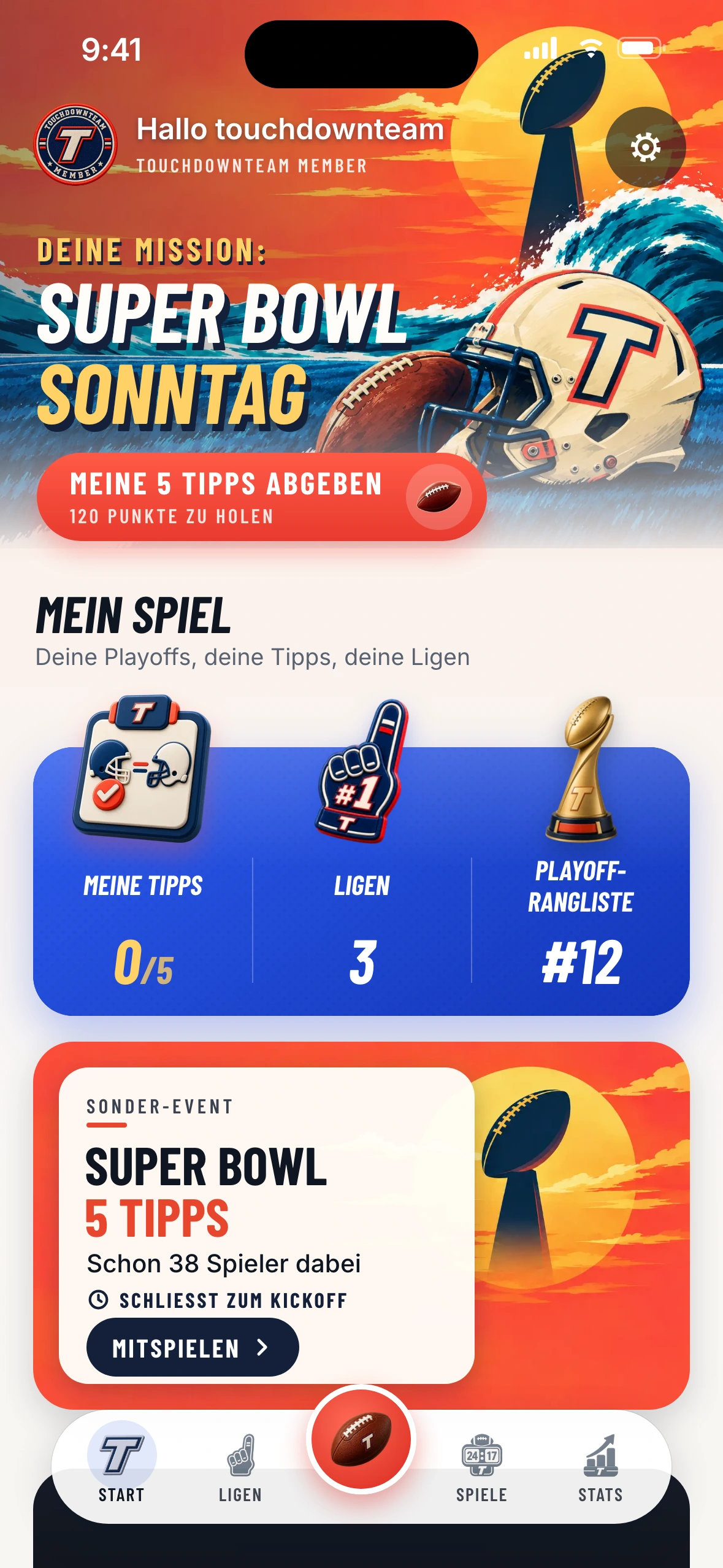 Touchdown Team – Super-Bowl-Startbildschirm