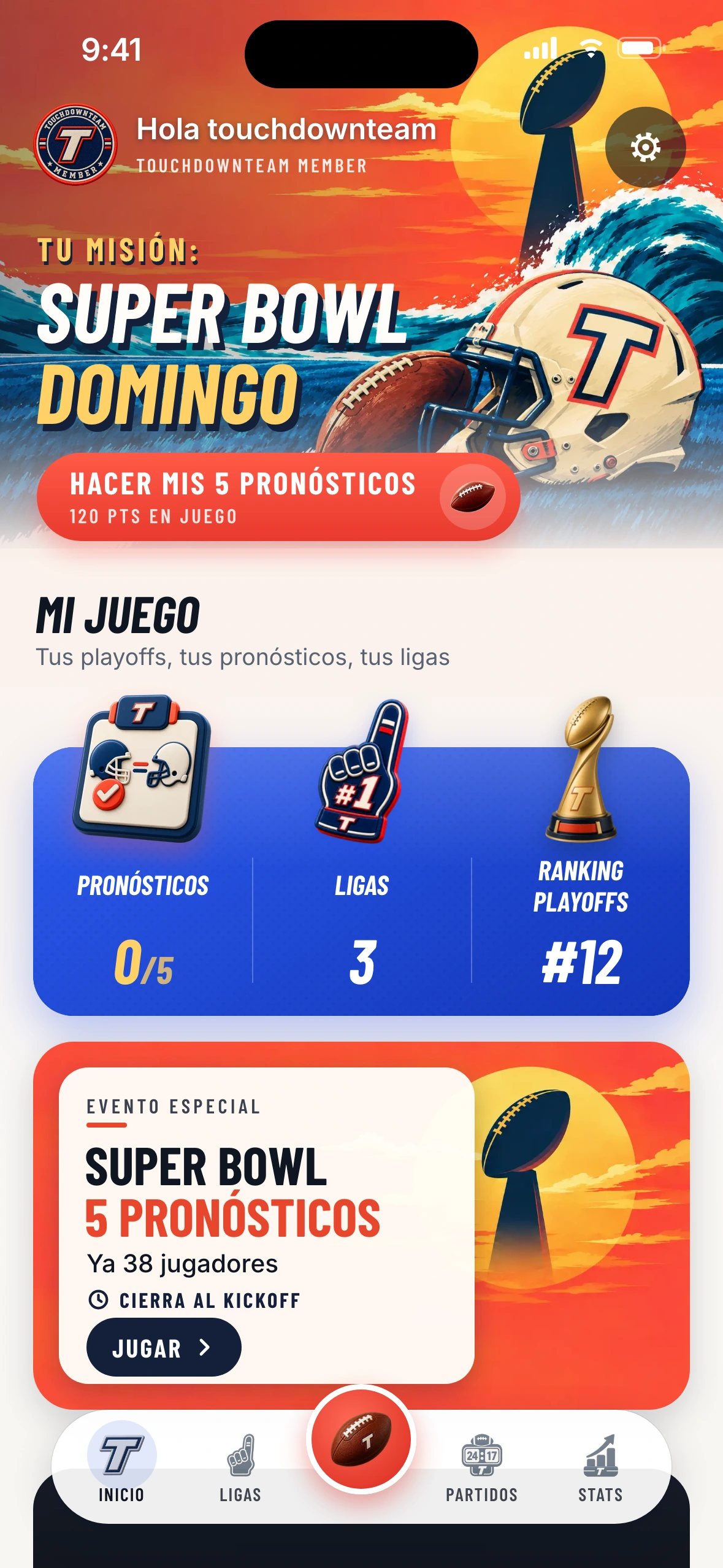 Touchdown Team — pantalla de inicio Super Bowl