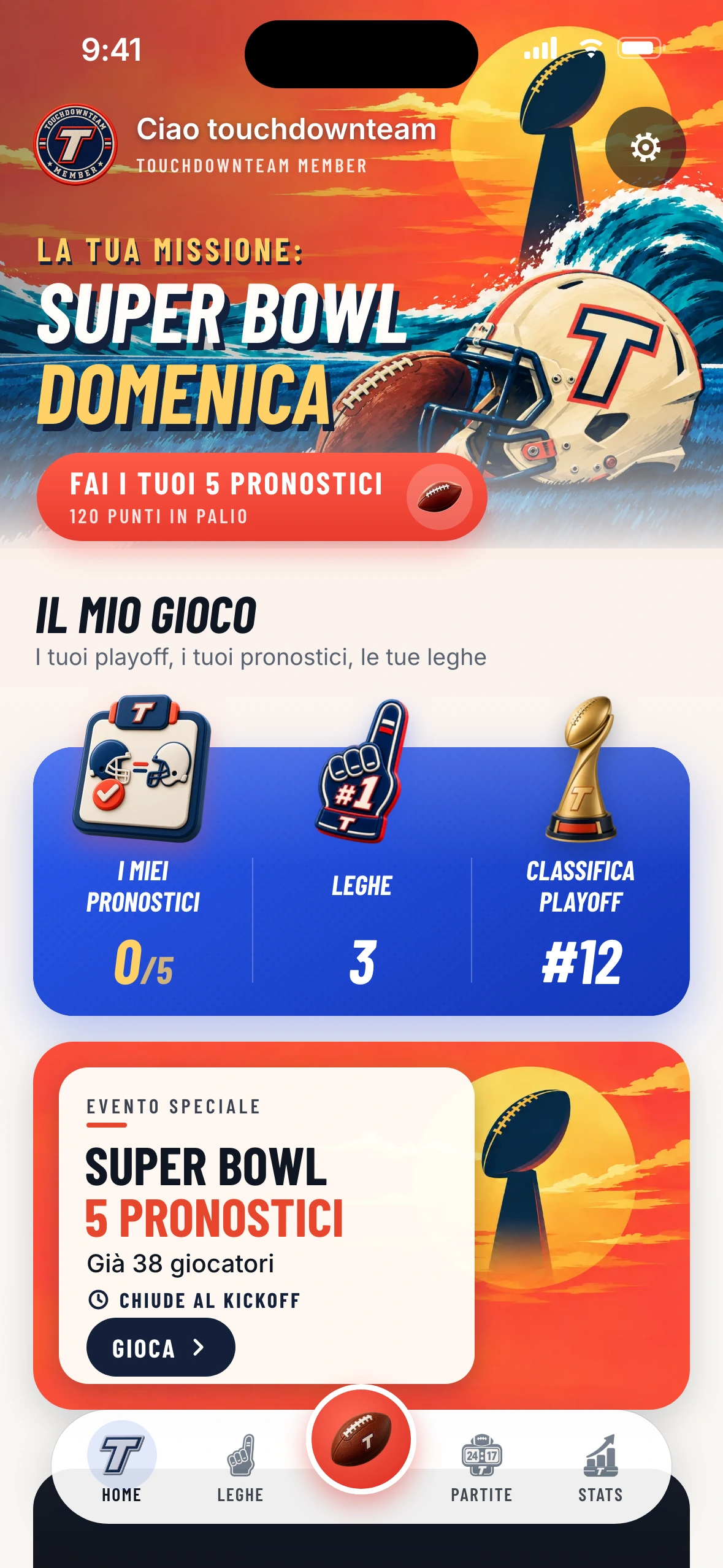 Touchdown Team — schermata iniziale Super Bowl